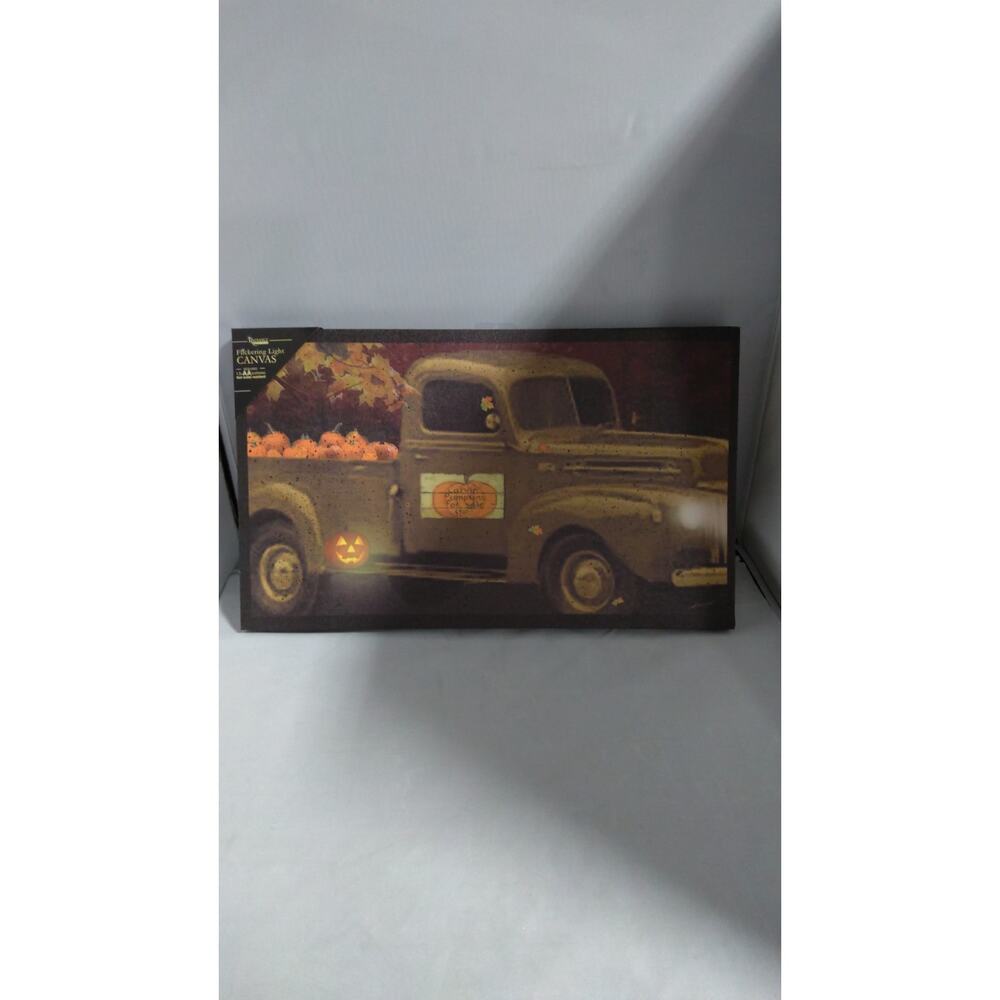Lighted Pumpkin Truck Canvas- Flickering LED Fall Wall Art Decor